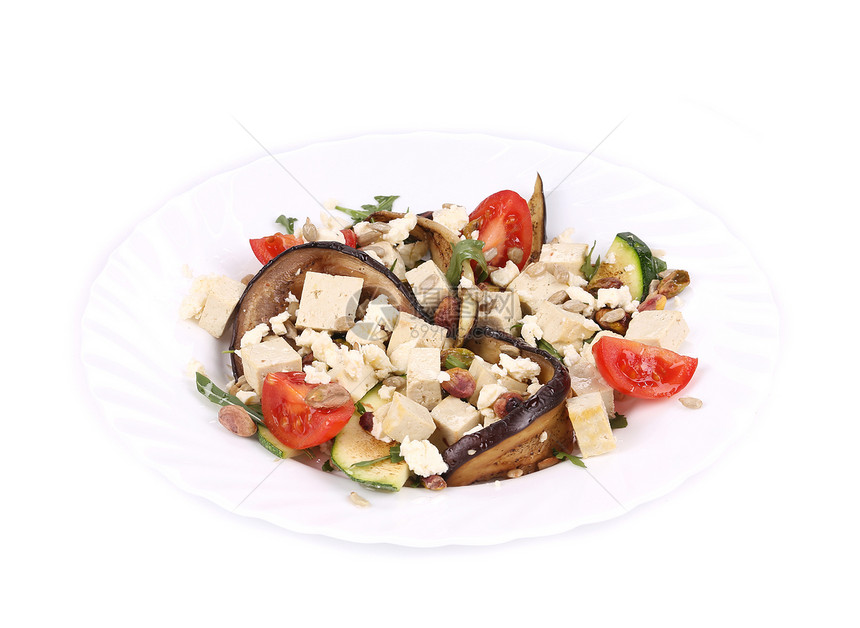 沙拉加烤菜和豆腐开心果种子健康饮食盘子午餐草药食物蔬菜茄子美食图片