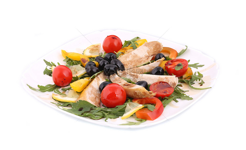 鸡肉沙拉黑色炙烤盘子草药黄瓜烹饪午餐厨房白色胡椒图片