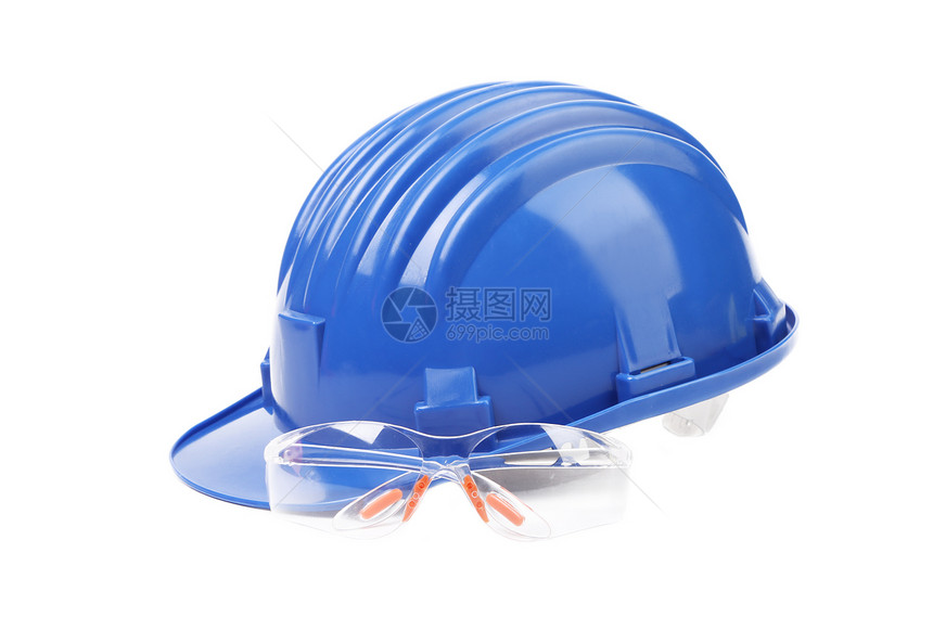 戴一副安全眼镜的硬帽白色碎片工业风镜雇员安全帽子制造业工人构造图片