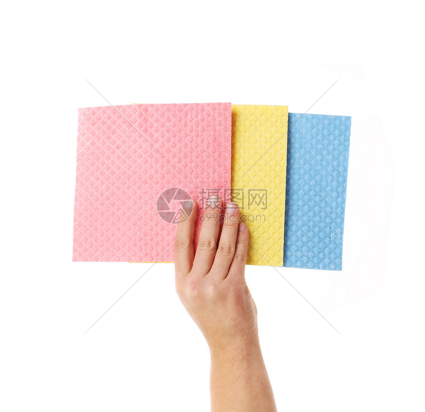 手握着不同的海绵家务手套抹布擦洗清洁工卫生黄色化学品女佣家庭图片