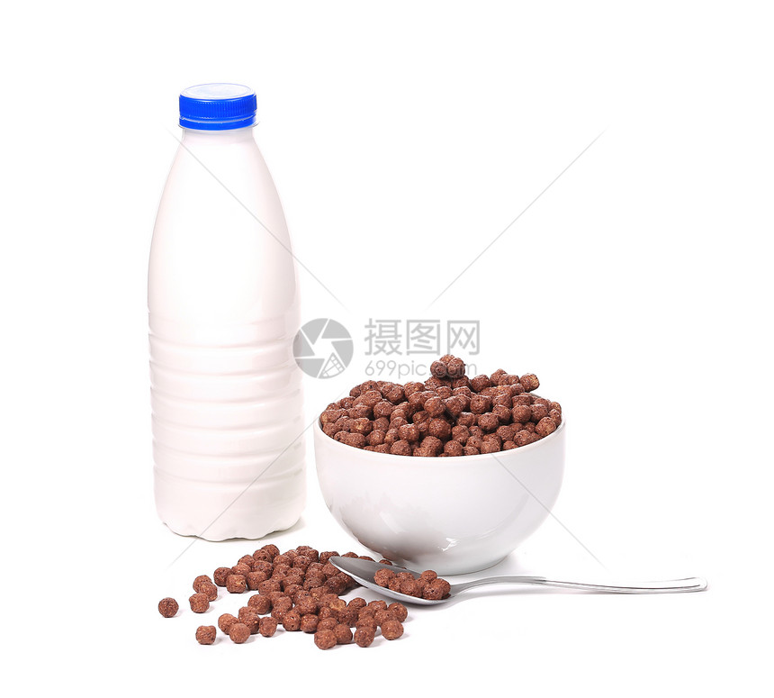 一碗玉米片和牛奶食物圆形白色巧克力奶制品谷物玻璃薄片玉米产品图片