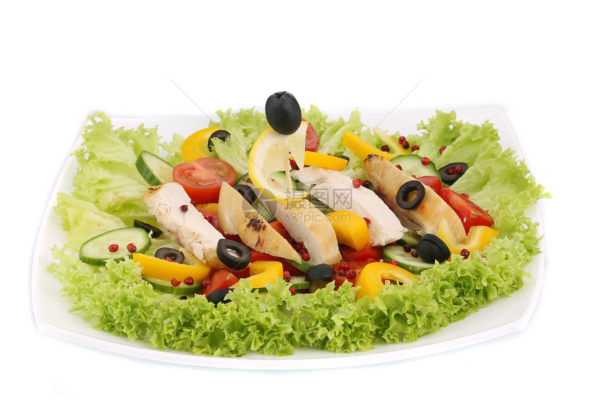 鸡肉沙拉黄瓜油炸红色柠檬食物白色片段黑色绿色盘子图片
