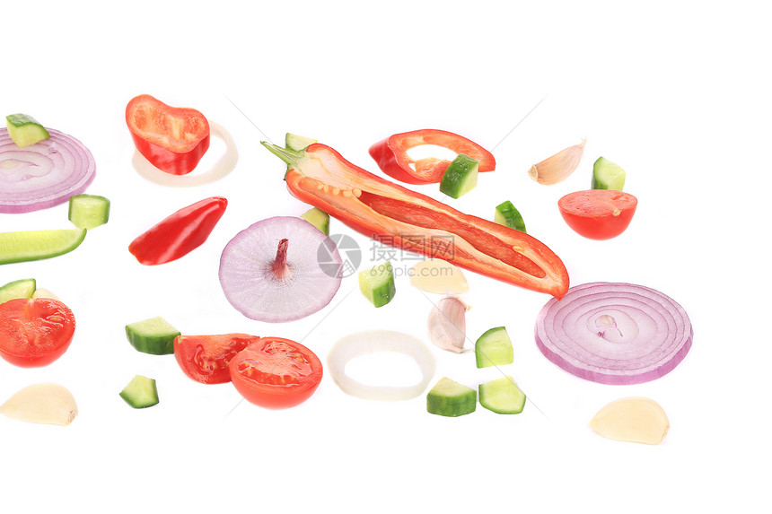 切熟的蔬菜圆圈农业营养烹饪胡椒产品洋葱食物黄瓜辣椒图片