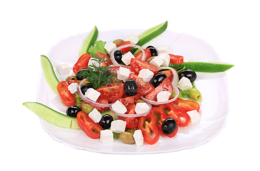 新鲜的希腊沙拉蔬菜胡椒饮食小吃午餐食物香料烹饪洋葱植物图片
