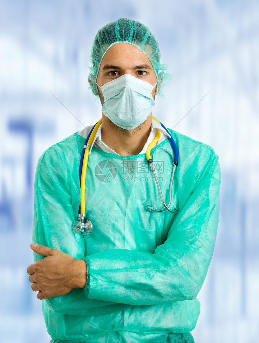 医生男人青年医院保健蓝色工作面具男性成人工人图片