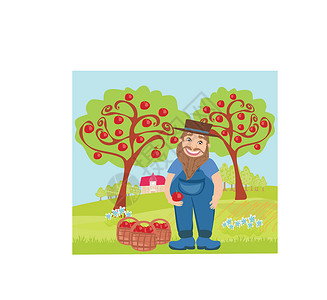 拿着叉子农民苹果收获场地牧场种植者工作天空叉子衣服房子篮子唱歌插画