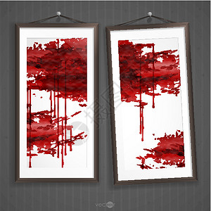 被划破的旧墙上的两幅图片框架木头空白艺术飞溅水彩红色展览绘画画廊长方形背景图片