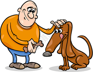 奉承的男人和狗的漫画插图宠物卡通片忠诚绘画狗骨头犬类友谊赏金快乐小吃插画