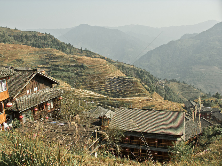 阴阳下中国旅行村庄房子风景边缘植物竹子农村爬坡收成图片