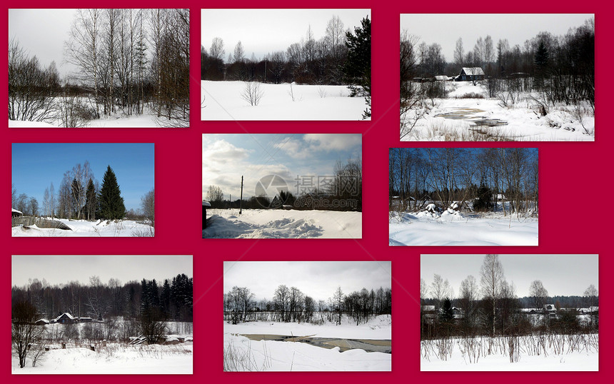 美丽的冬季拼贴画天气白色天空森林树木季节图片
