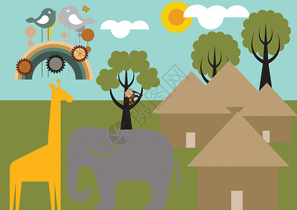 非洲插图村庄自然动物背景图片