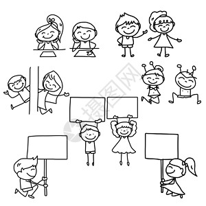 两件亲手画动画卡通快乐的孩子幸福学校团体女孩们套房男孩们微笑跑步铅笔晴天插画