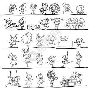 两件亲手画动画卡通快乐的孩子绘画草图微笑游泳女孩们气泡帽子孩子们幸福展示插画