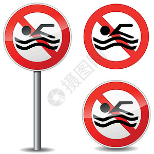 禁止野外游泳矢量没有游泳标志圆形安全路标红色木板潜水标签横幅水池危险插画