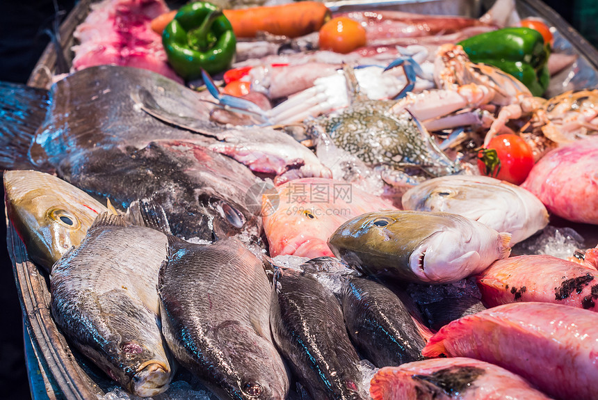 海产食品在鱼市的冰面上店铺市场贝类螃蟹餐厅烹饪钓鱼食物图片