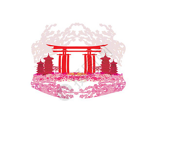 日本建筑物印有亚洲建筑物和樱花的抽象卡片框架天空寺庙花瓣文化植物艺术插图宝塔建筑插画