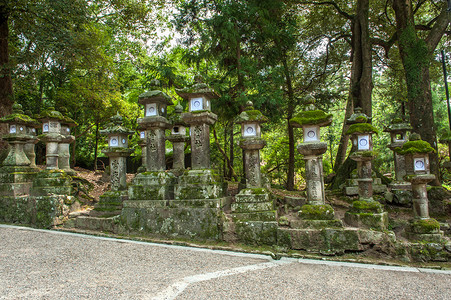 纳拉的绿灯神社宗教神道大社石头地标建筑学灯笼文化寺庙背景图片