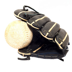 棒球棒球手套蕾丝运动棕色花边白色皮革背景图片