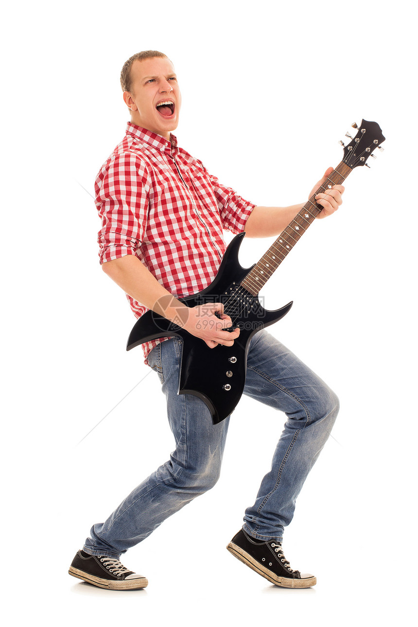 年轻音乐家配吉他演员金属尖叫岩石旋律玩家牛仔裤歌手乐器男性图片