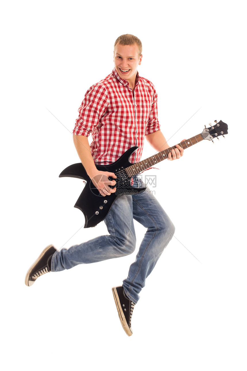 年轻音乐家配吉他音乐会吉他手娱乐衣服星星尖叫衬衫旋律乐器歌手图片