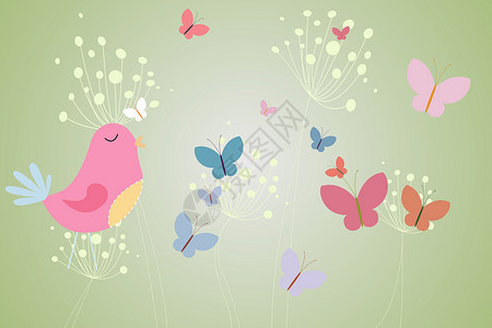 带心和花朵的粉红鸟计算机种子绘图自由女人味娘娘腔蝴蝶背景图片
