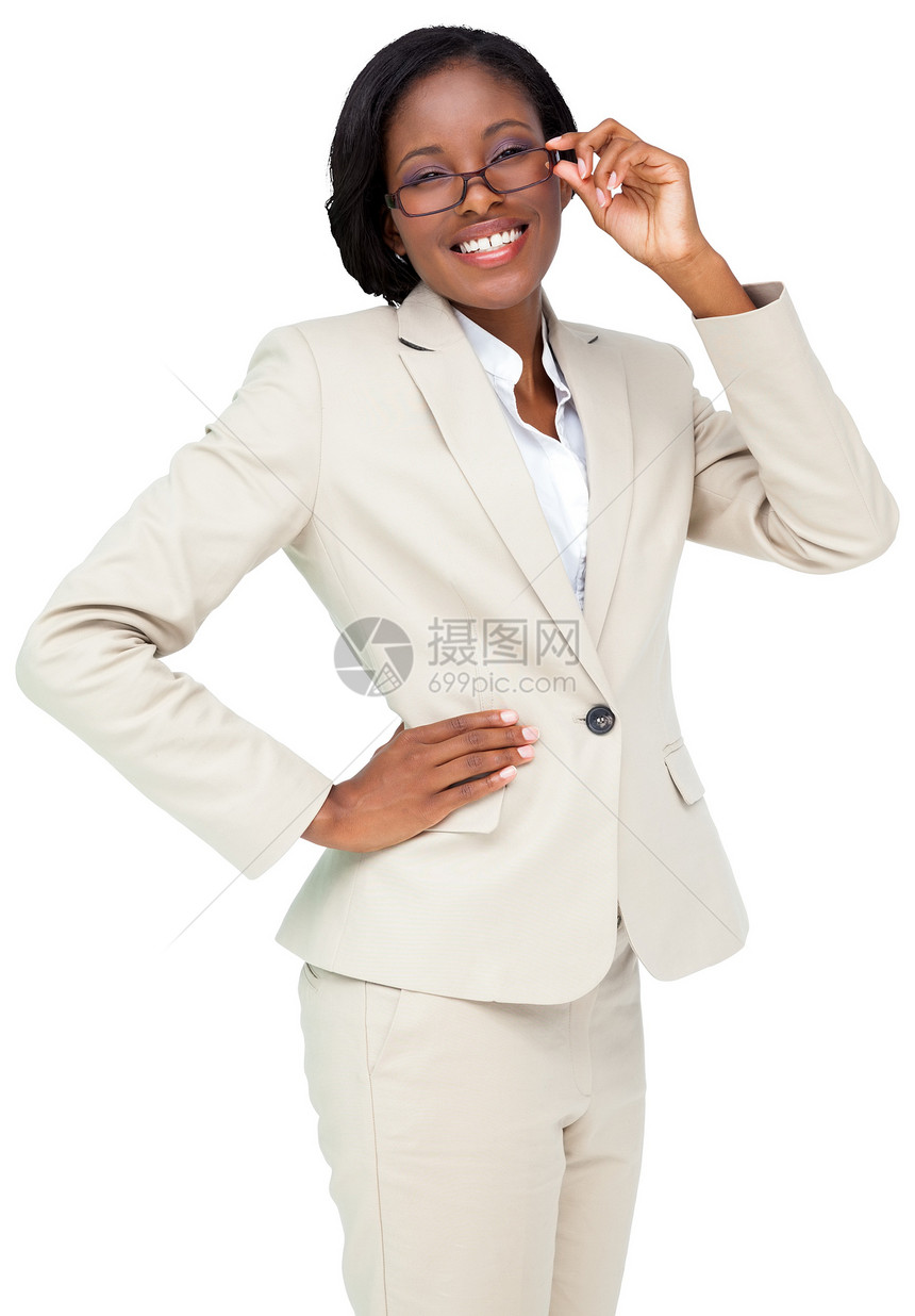 想想穿奶油西装的女商务人士商务眼镜商业倾斜微笑职业思维女士女性公司图片