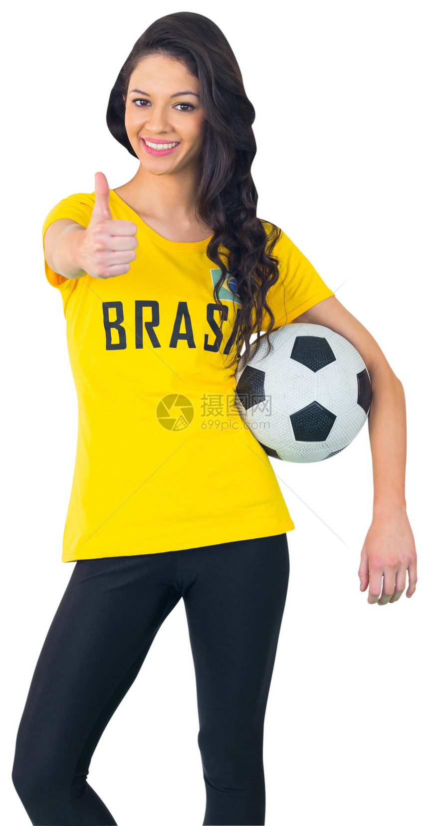 穿胸罩T恤的漂亮的足球球迷黄色支持者混血女性活力观众绿色运动快乐微笑图片