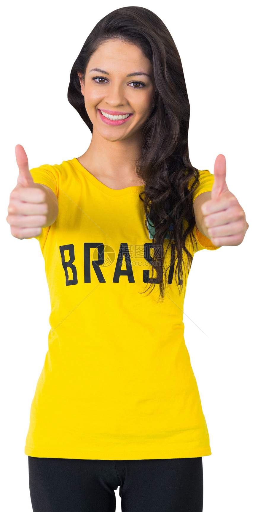 穿胸罩T恤的漂亮的足球球迷女性支持者黄色世界运动微笑杯子快乐影棚绿色图片