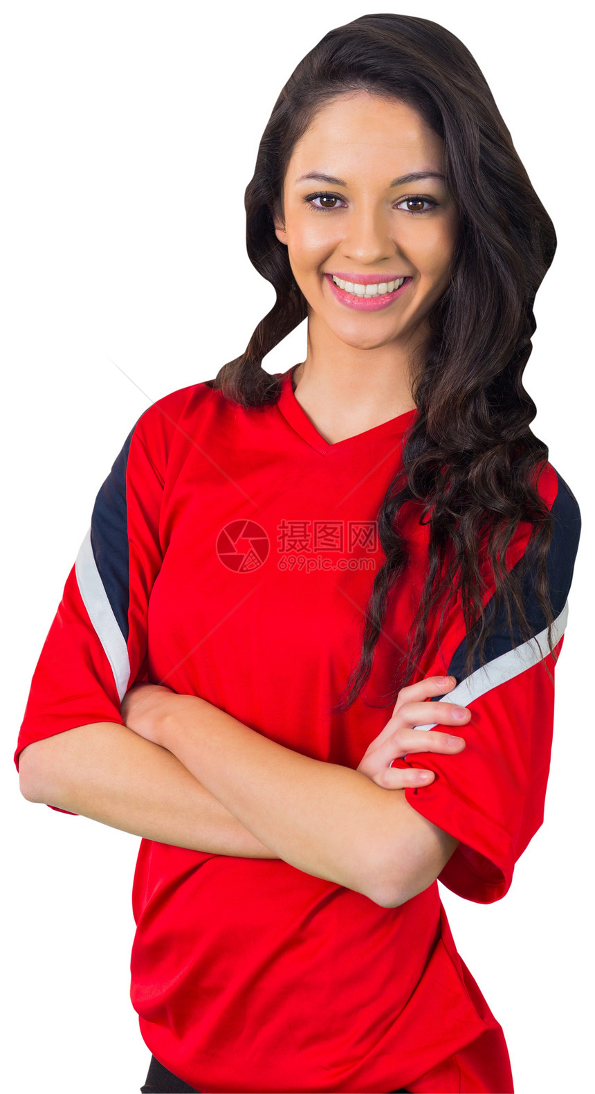 红红色的漂亮足球球迷世界女性杯子微笑混血球衣运动影棚快乐支持者图片