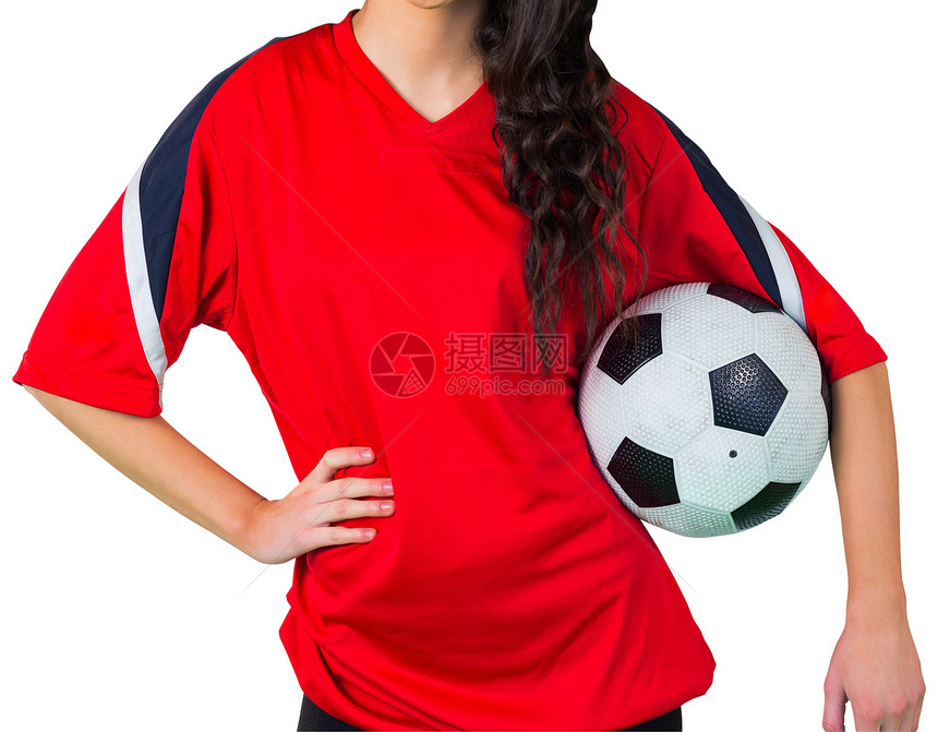 红红色的漂亮足球球迷杯子运动世界影棚支持者活力混血女性观众扇子图片