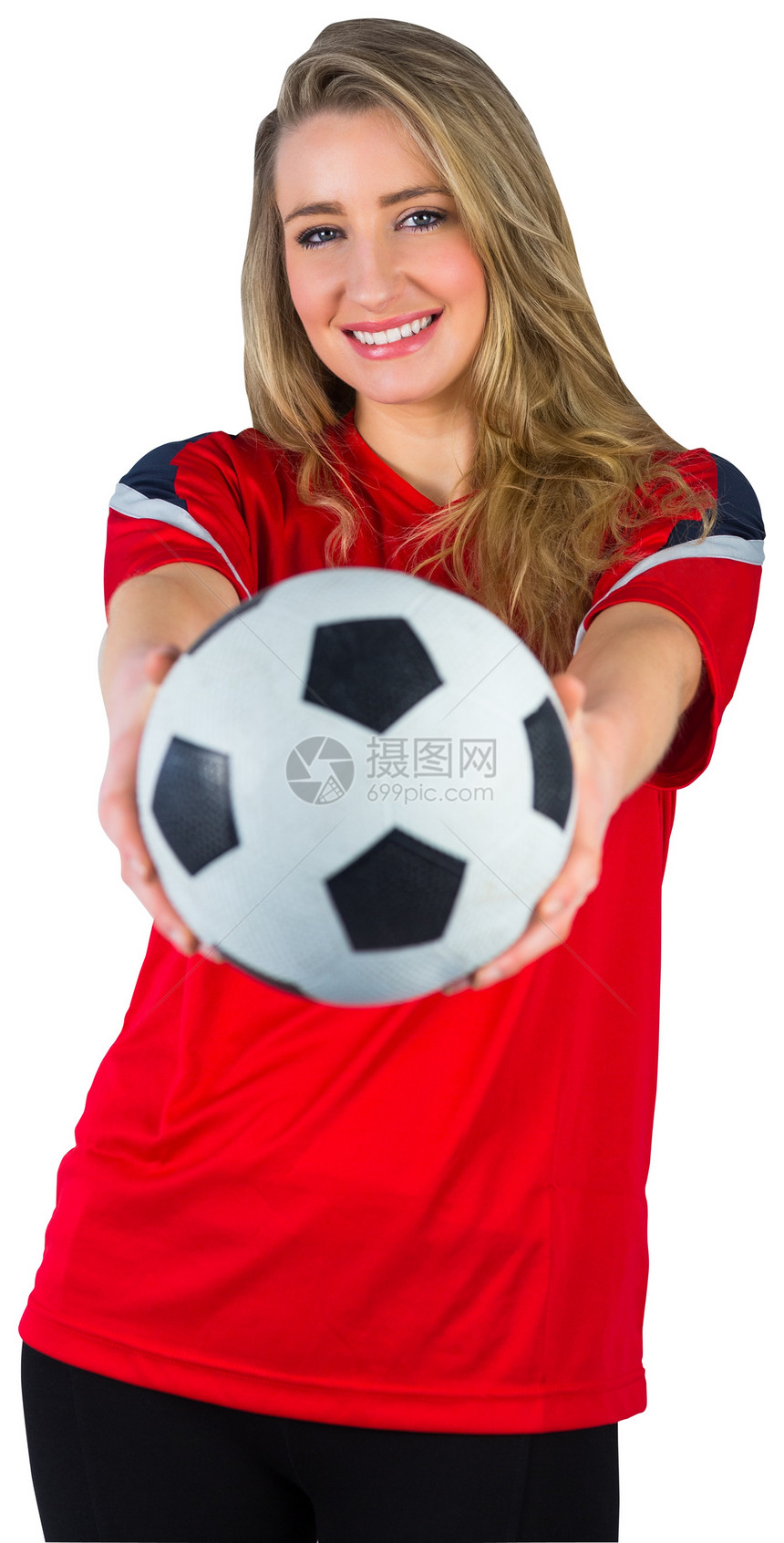 红红色的漂亮足球球迷影棚世界胜利扇子杯子女性女士喜悦微笑获奖图片