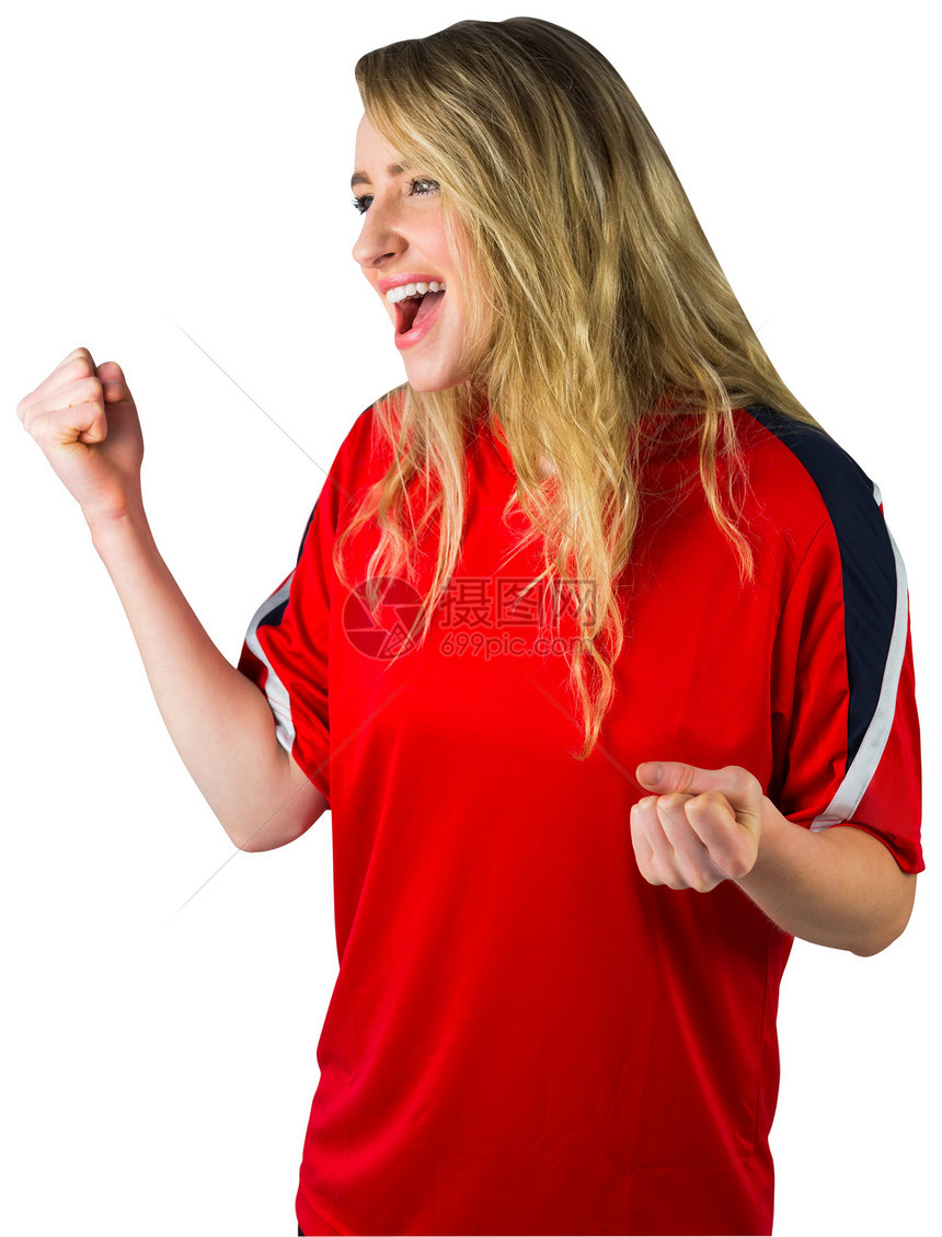 红红色的加油足球球迷微笑球衣获奖欢呼杯子世界活力支持者女士快乐图片