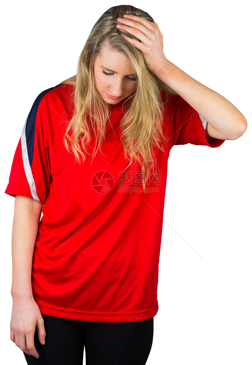 红红色的失望足球球迷球衣影棚女士世界扇子活力运动支持者杯子观众图片