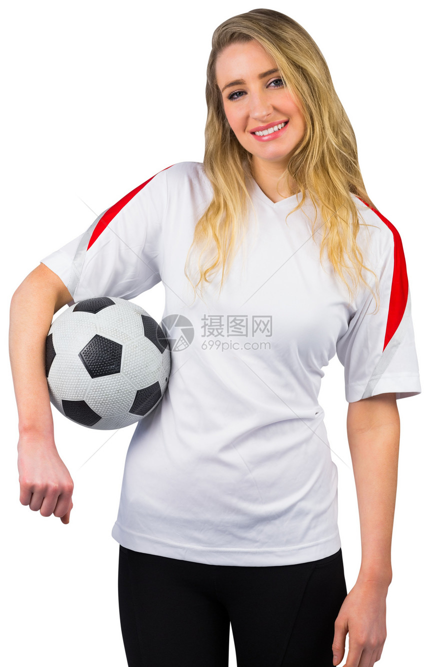 白笑着漂亮的足球球迷女士白色欢呼杯子获奖球衣快乐世界扇子喜悦图片