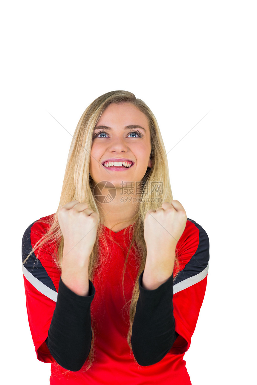 红红色的加油足球球迷世界扇子杯子影棚微笑观众女性运动活力球衣图片