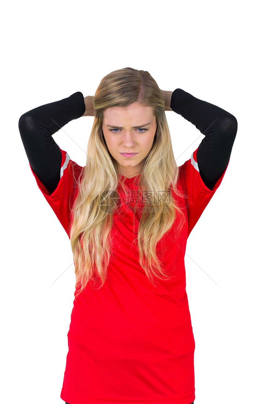 红红色的失望足球球迷扇子运动球衣失败影棚观众女性杯子支持者世界图片