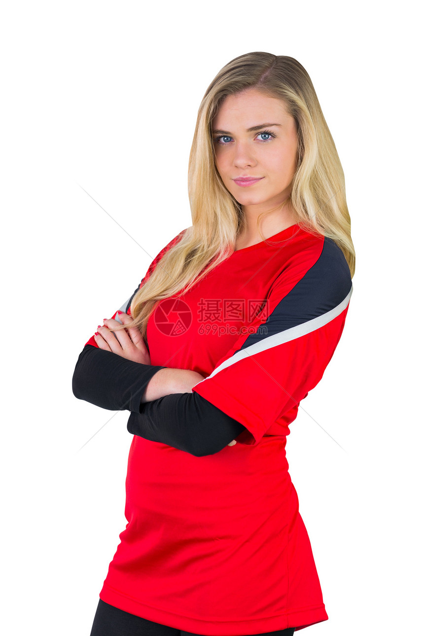红红色的漂亮足球球迷扇子微笑影棚运动支持者世界球衣观众快乐女性图片