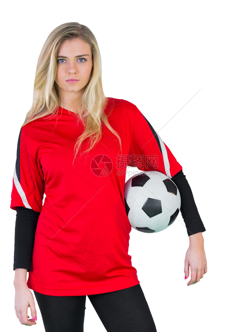 红红色的漂亮足球球迷观众影棚运动杯子活力世界扇子球衣支持者女性图片
