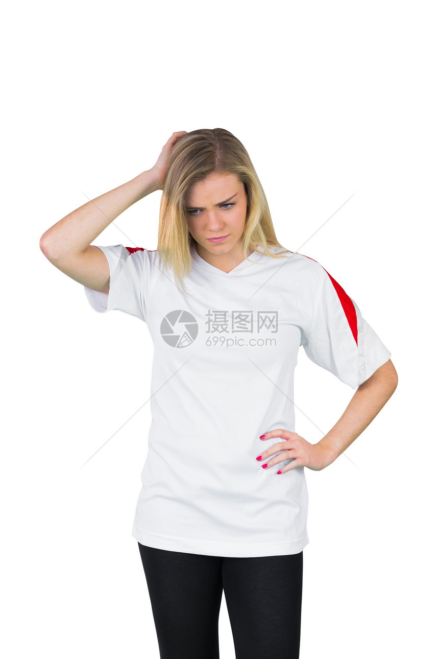 白白色的失望足球球迷影棚支持者女性世界观众扇子球衣活力红色运动图片