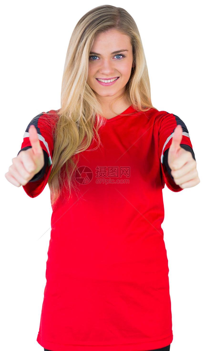 红红色的漂亮足球球迷活力世界观众微笑女性快乐影棚支持者扇子运动图片