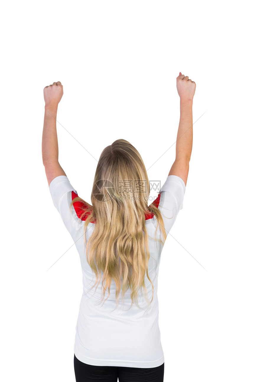 白色欢呼队的美足球粉丝活力欣快感胜利喜悦杯子运动女性红色扇子观众图片