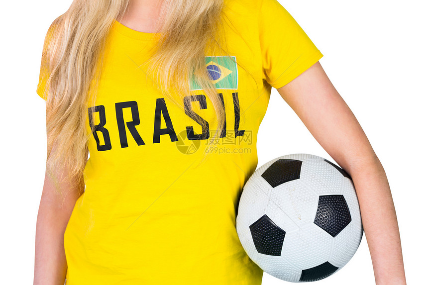 穿胸罩T恤的漂亮的足球球迷运动黄色活力杯子女性世界支持者观众影棚扇子图片