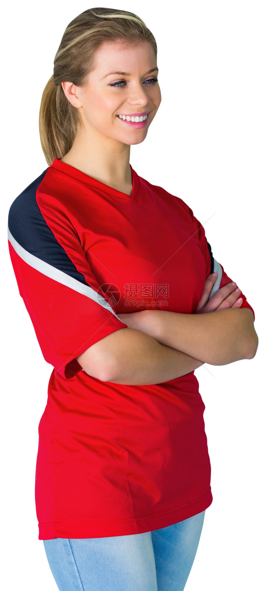 红红色的漂亮足球球迷观众杯子女性世界活力扇子球衣运动微笑影棚图片