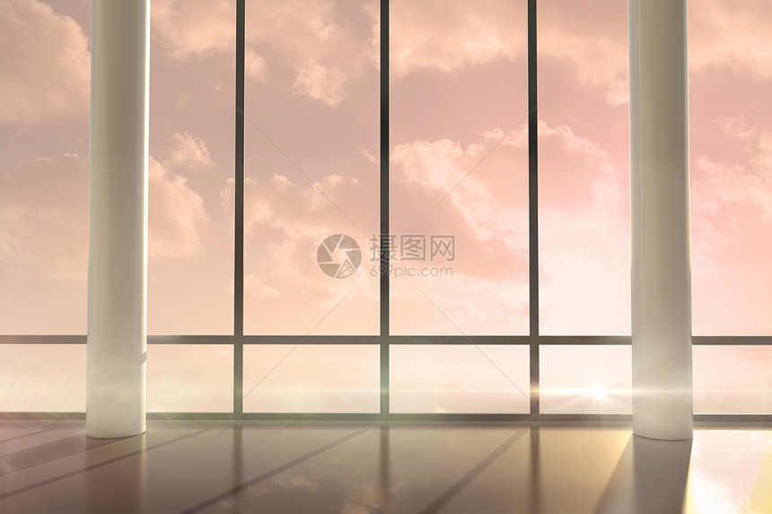 显示日出时有大型窗口的房间计算机绘图天空多云插图窗户柱子阳光图片