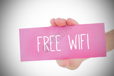 免费wifi拿着粉红卡说免费维菲的女人卡片白色wifi流行语两个字计算机上网互联网绘图灰色背景