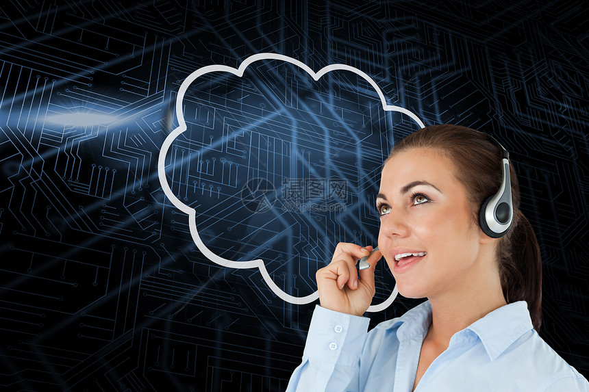 云和呼叫中心工人的复合图像蓝色计算互动耳机中心女士客户计算机云计算女性图片