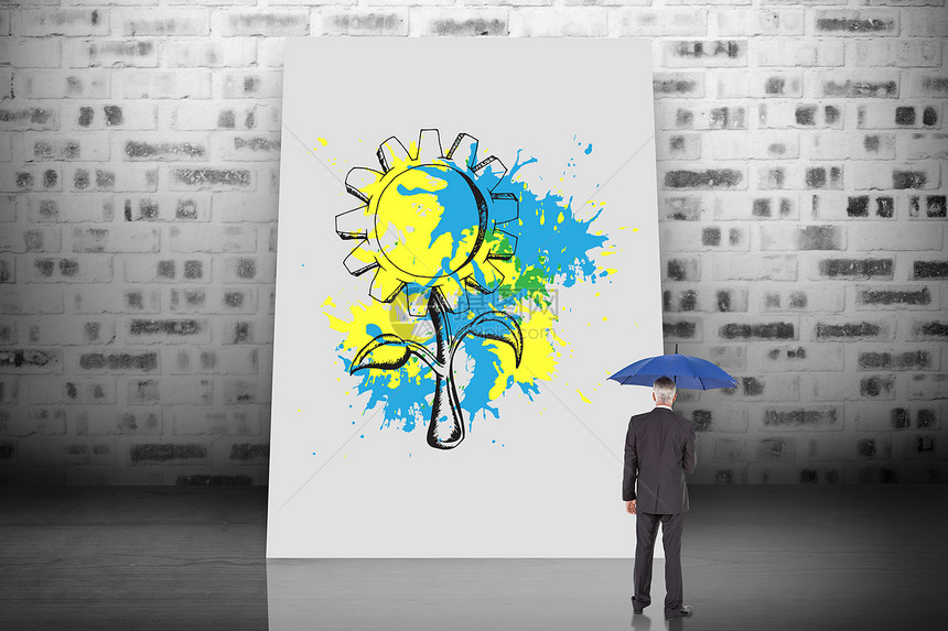 持有伞子的商务人士的综合形象职业蓝色庇护所飞溅商务向日葵砌体男性头发绘图图片