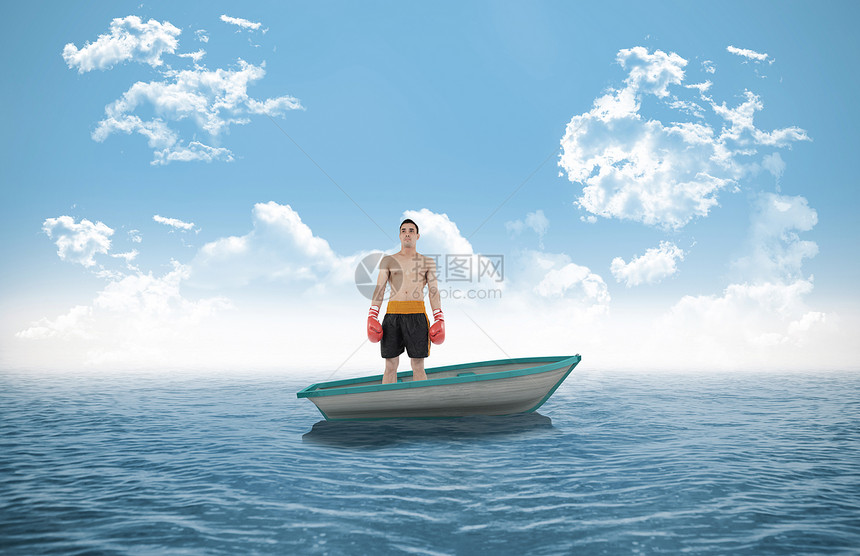 拳击手站在帆船上的复合图像海岸线运动对抗男人海洋拳击手套波浪运输天气图片