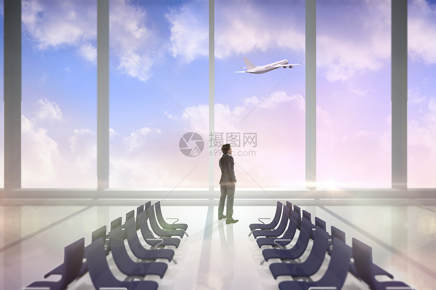 思维商务人士的复合形象 商业商航空飞机场太阳计算机男人飞行男性天空绘图职业图片