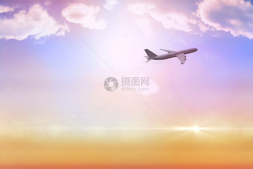 图形飞机的复合图象天空橙子航班多云日出环境蓝色航空绘图旅行图片